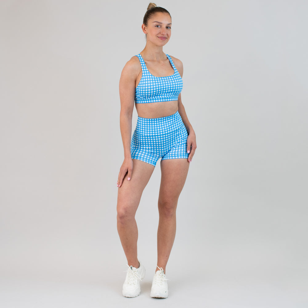 Blue Gingham No Front Seam High Rise Spandex Shorts