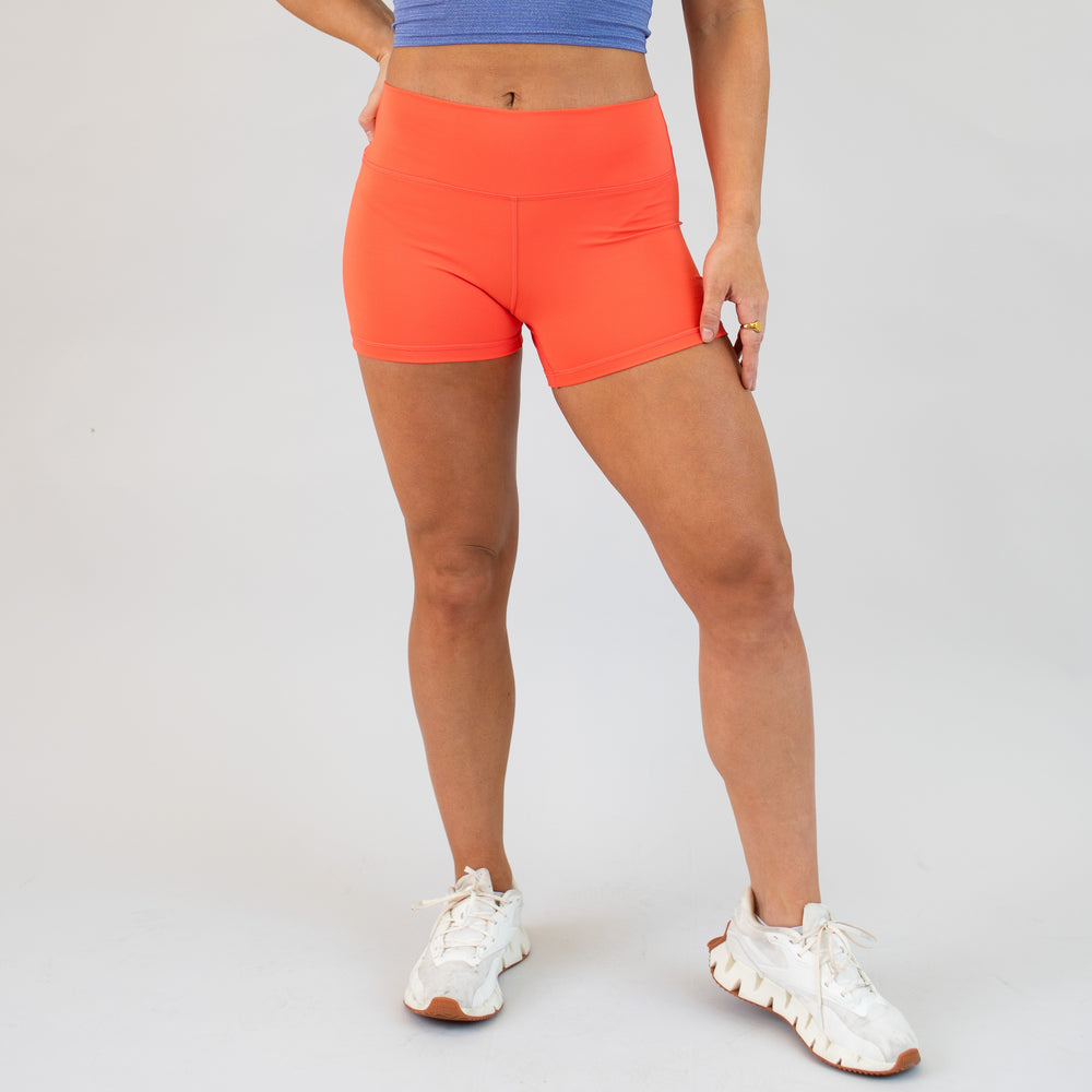 Hot Coral Power Mid High Shorts