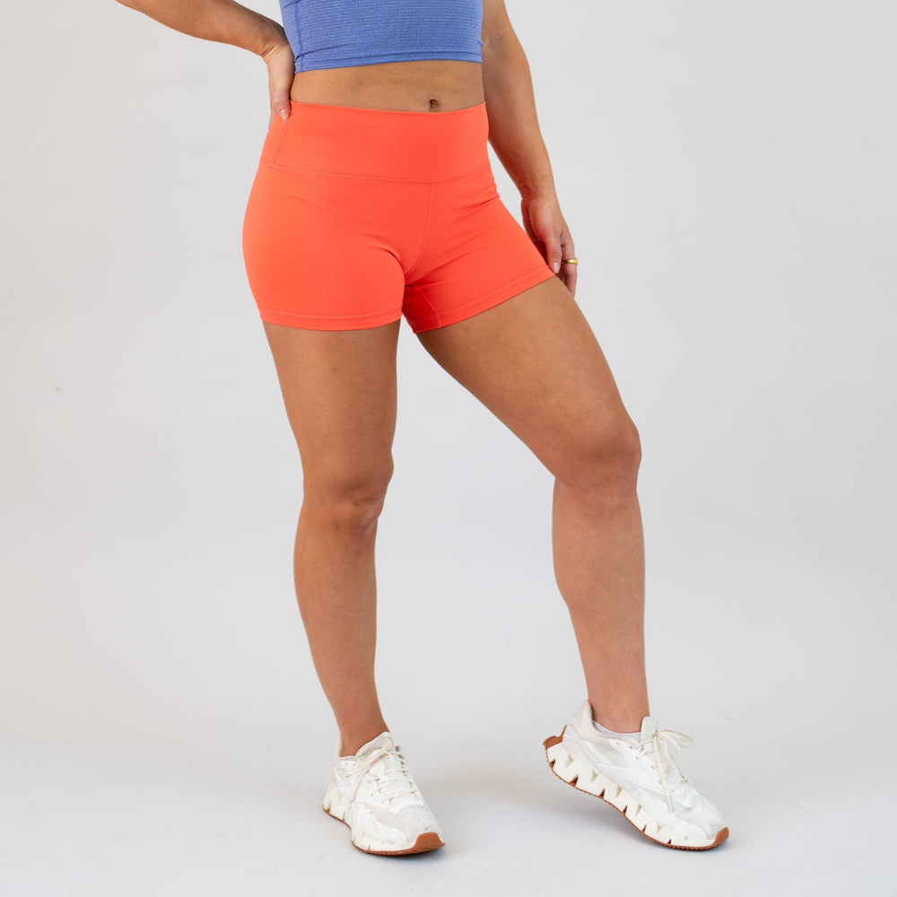 Hot Coral Power Mid High Shorts
