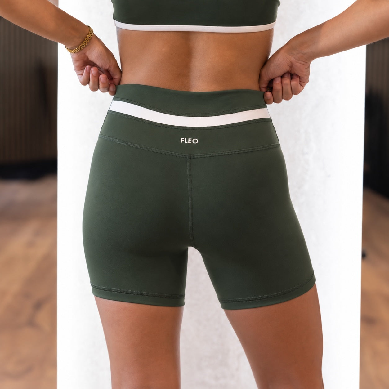 Deep Moss + White Frame Short 5" - No Front Seam - High Rise by FLEO - 3