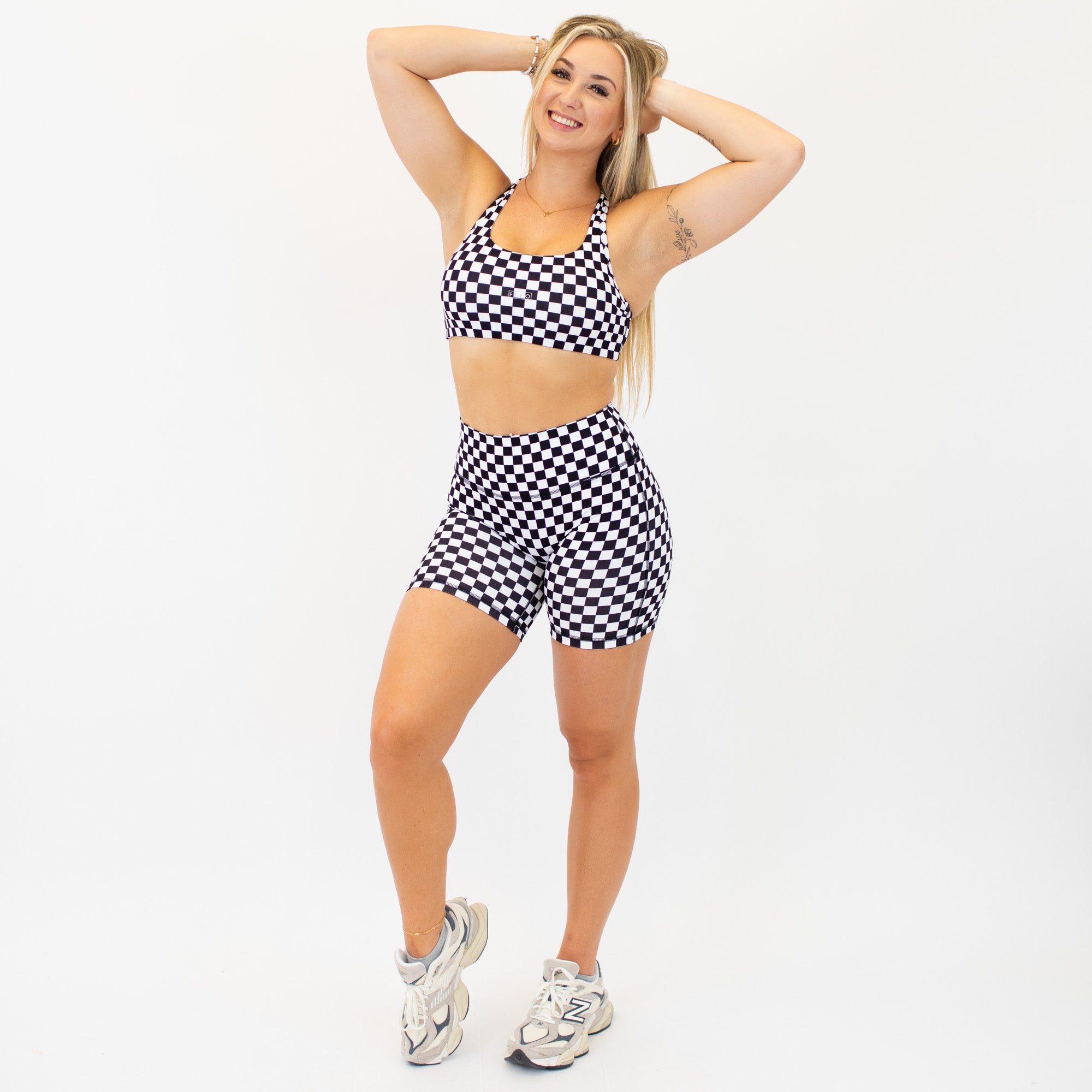 Racerback Sports Bra - Sage in Black & White Check