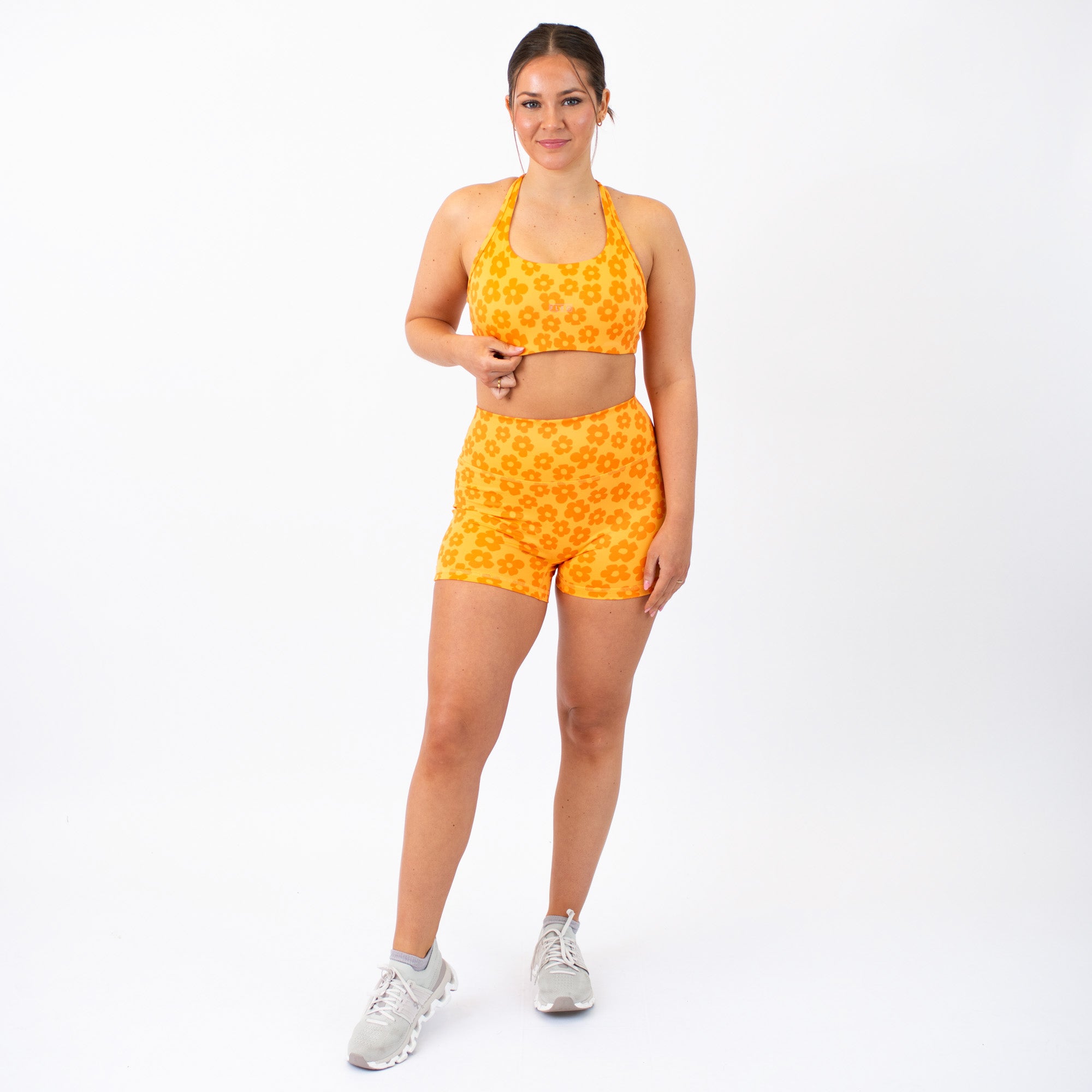 Racerback Sports Bra - Sage in Orange Daisy