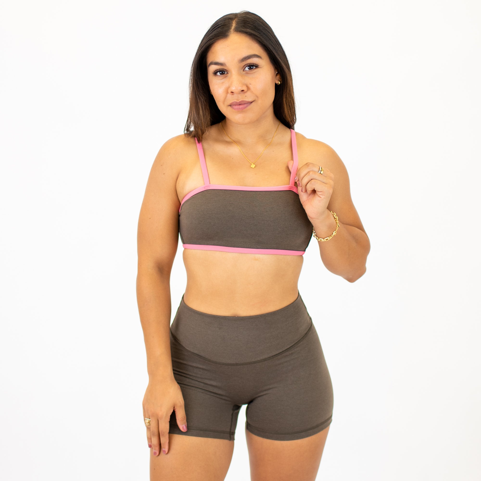 Heather Mocha + Rosy Future Bandeau Sports Bra -1