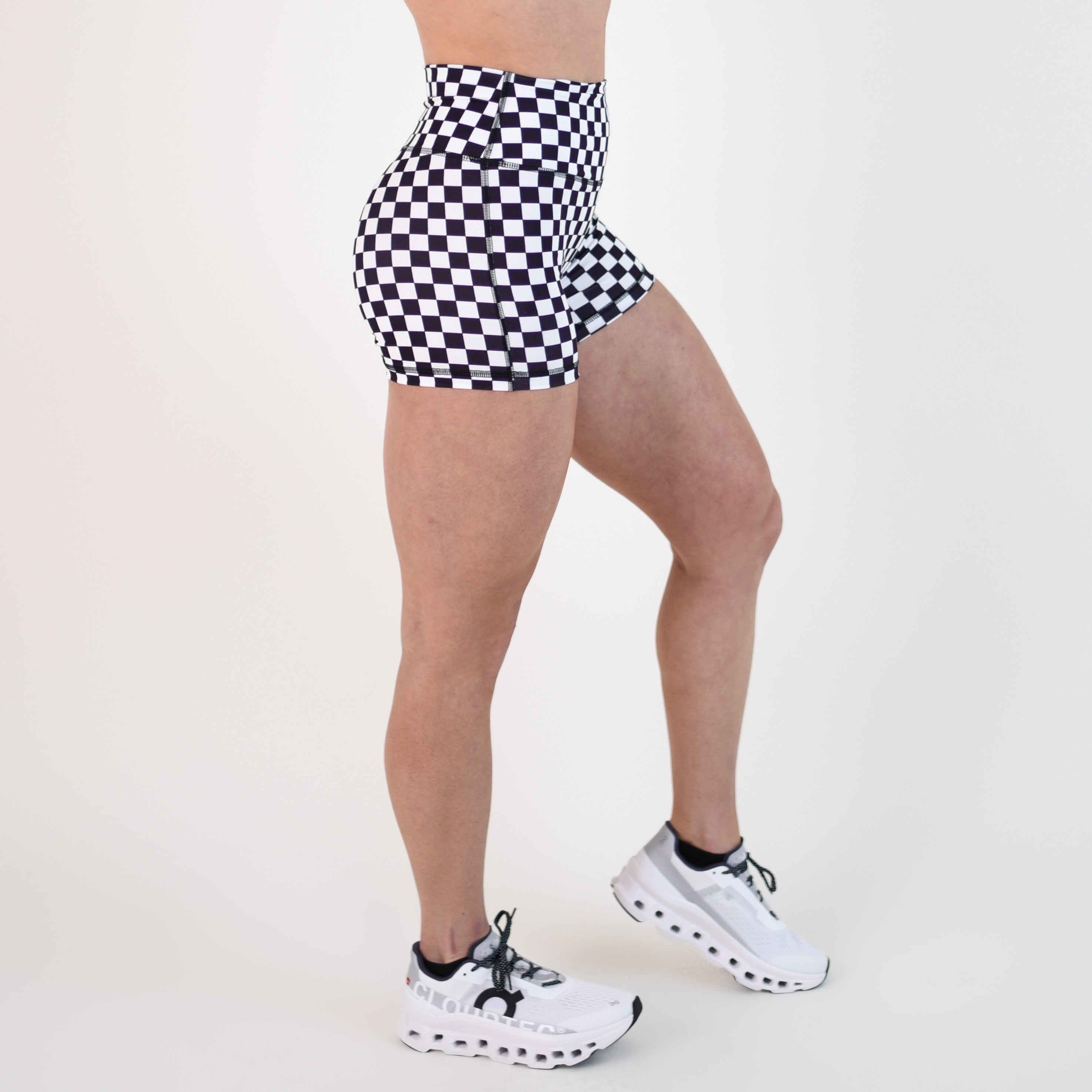 Black White Check No Front Seam High Rise Spandex Shorts