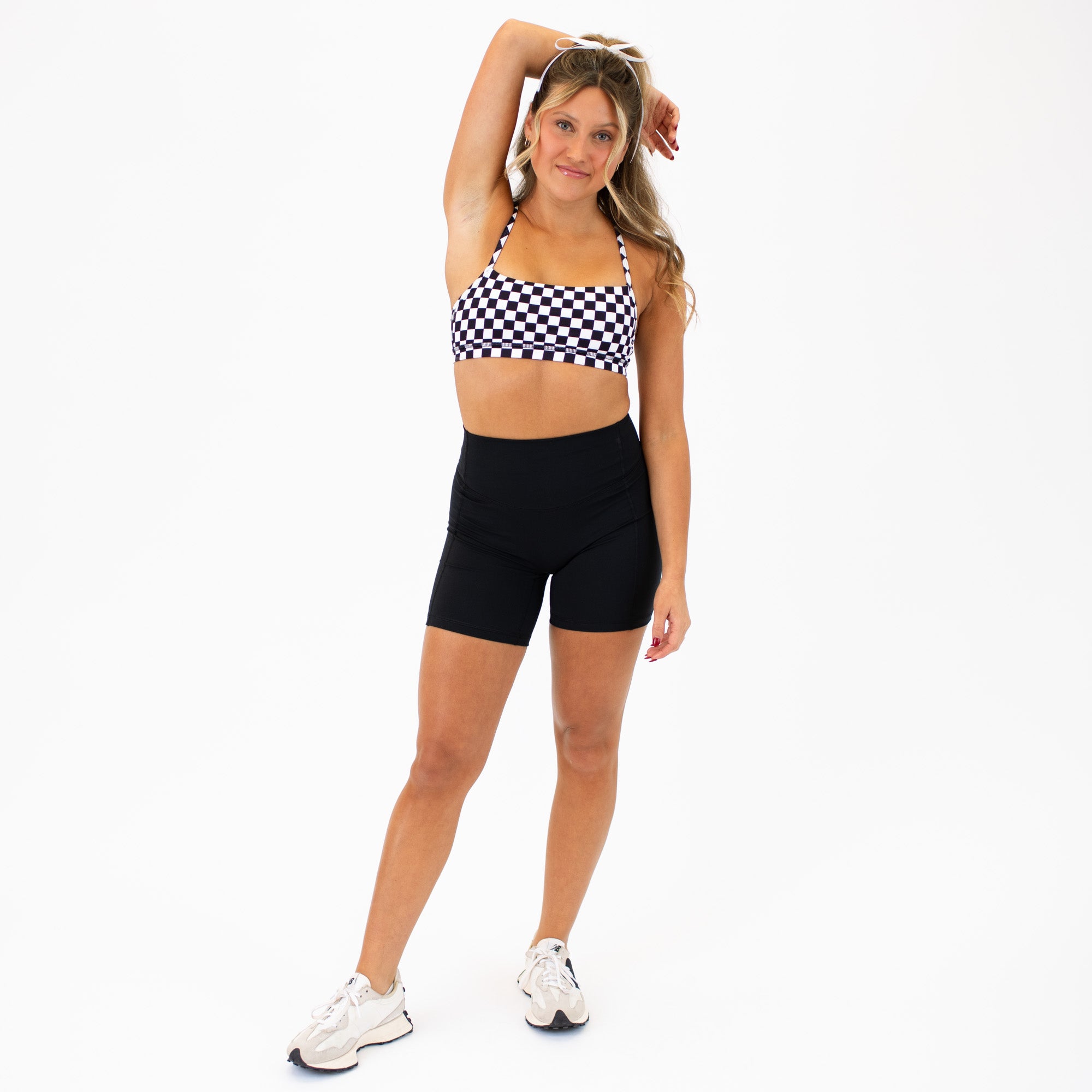 X Back Sports Bra - Chloe in Black & White Check