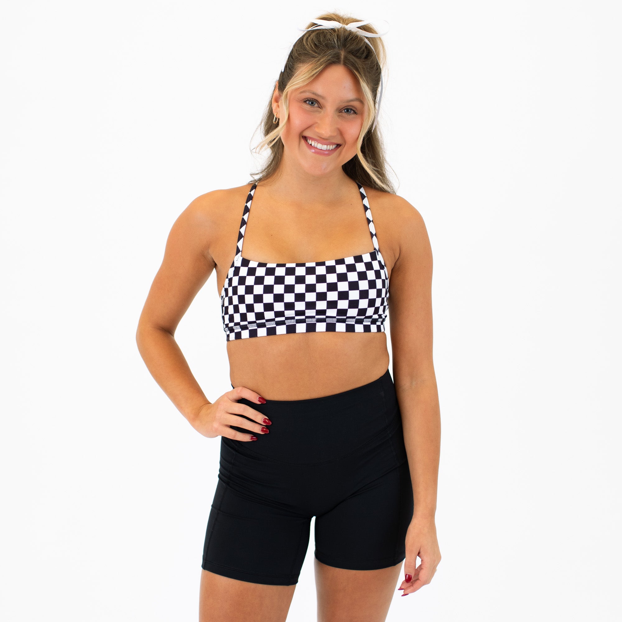 X Back Sports Bra - Chloe in Black & White Check