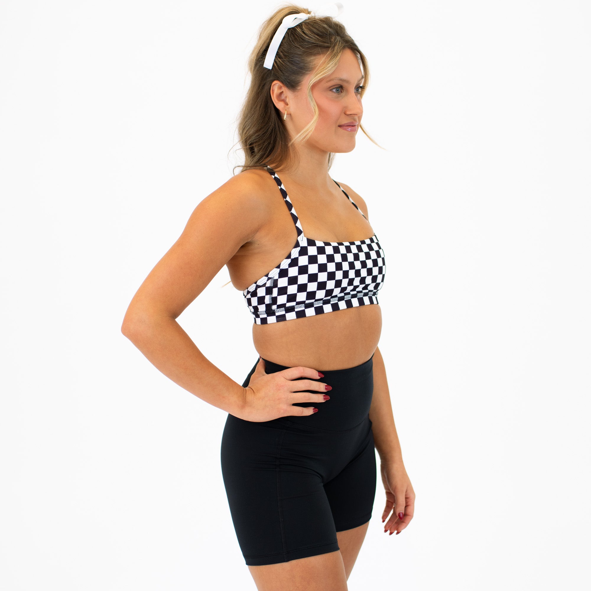 X Back Sports Bra - Chloe in Black & White Check