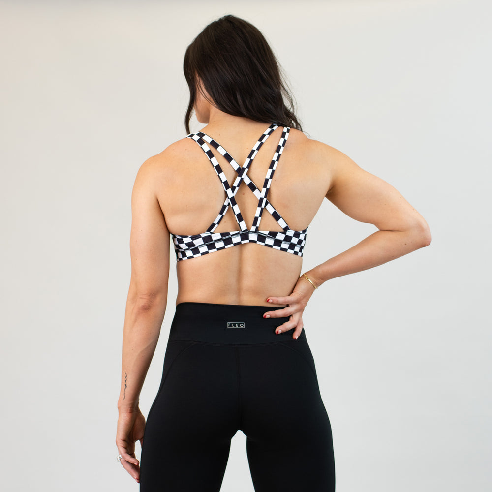 Black White Check High Support Scoop Neck Sports Bra - Isla