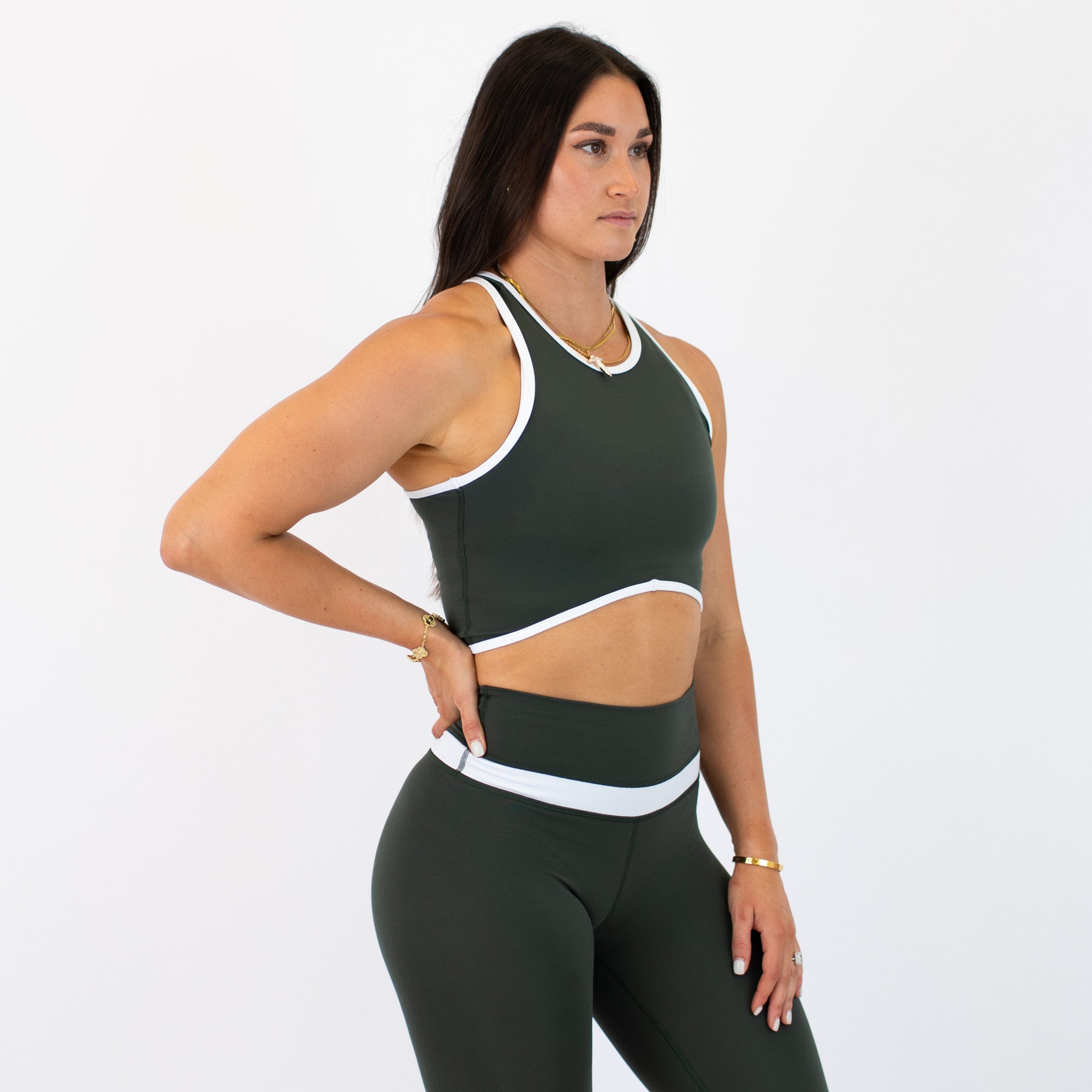 Deep Forest & White Cream Curve Crop Tank - Fitted