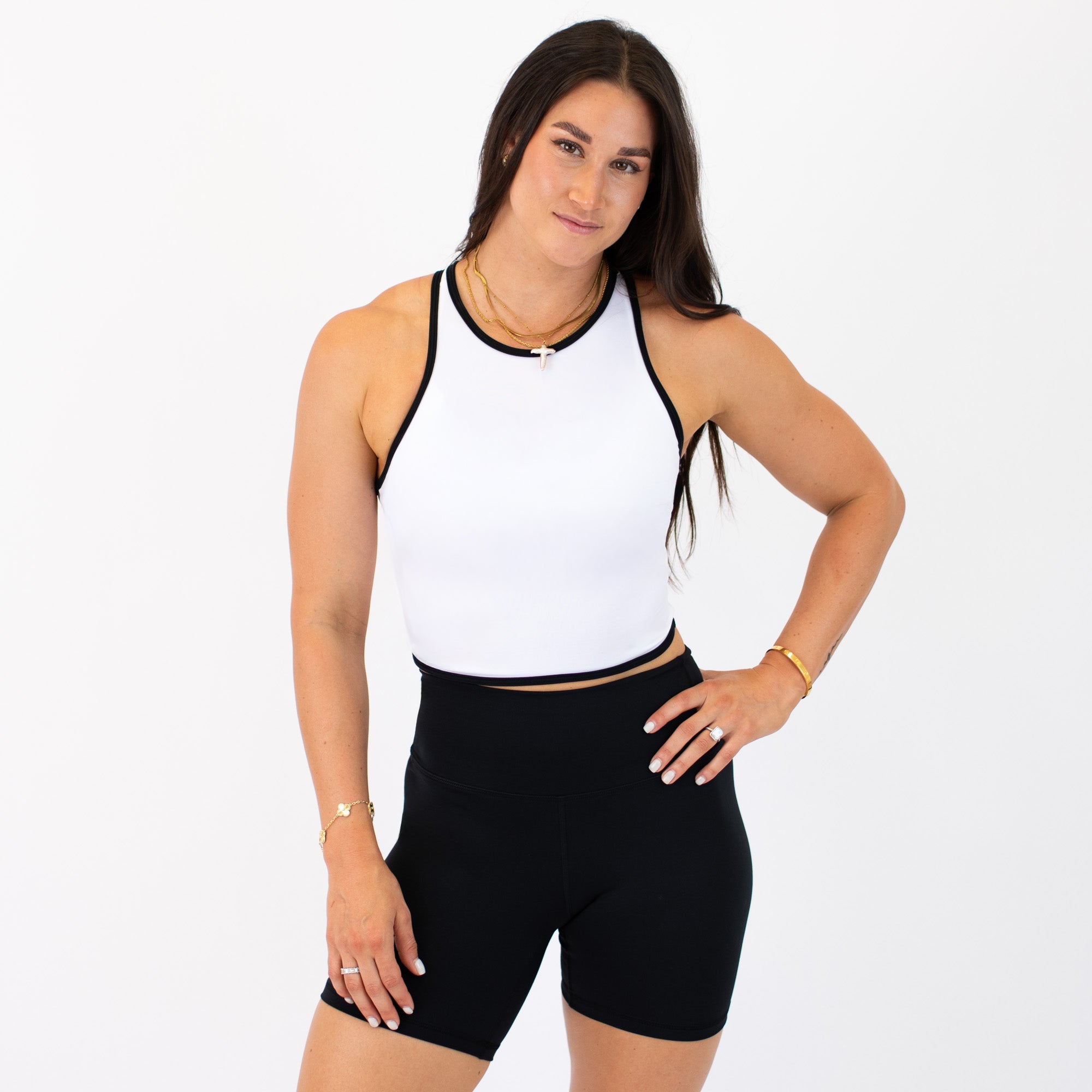 White & Black High Neck Racerback Crop Tank - Fitted