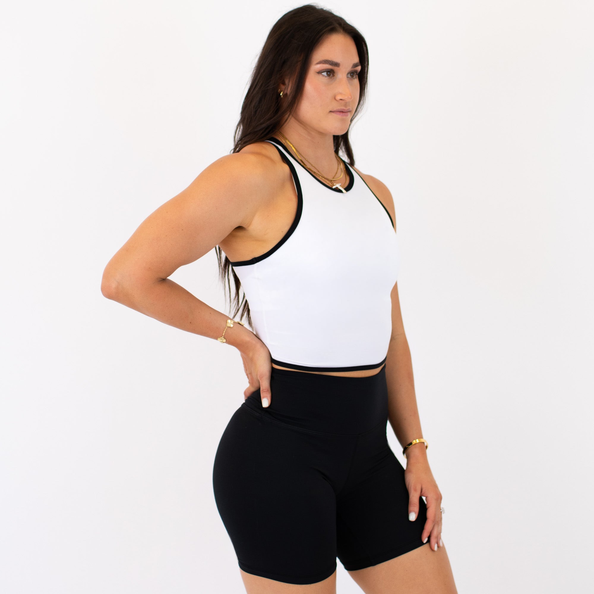 White & Black High Neck Racerback Crop Tank - Fitted