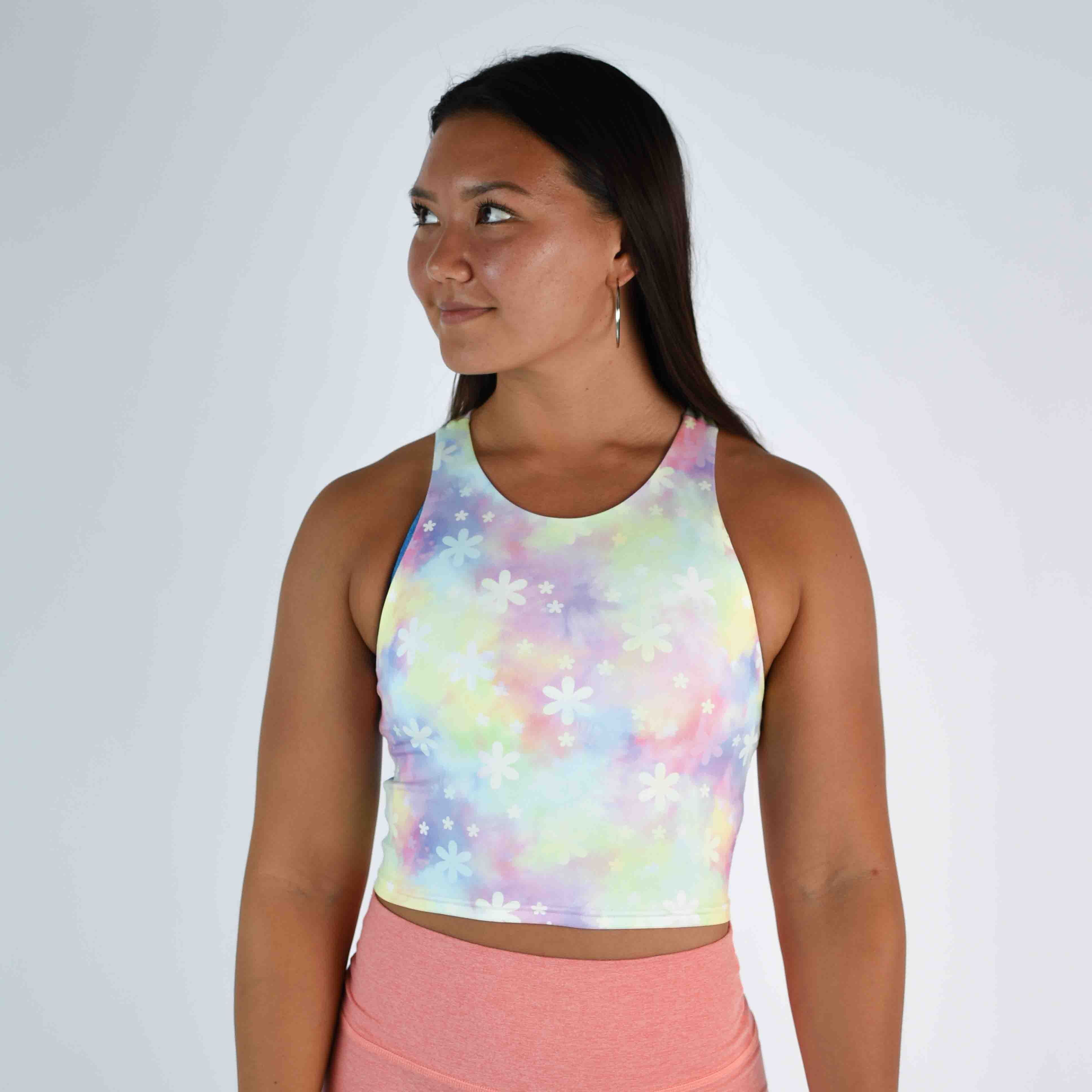 Daisy Sherbert High Neck V Back Crop Tank