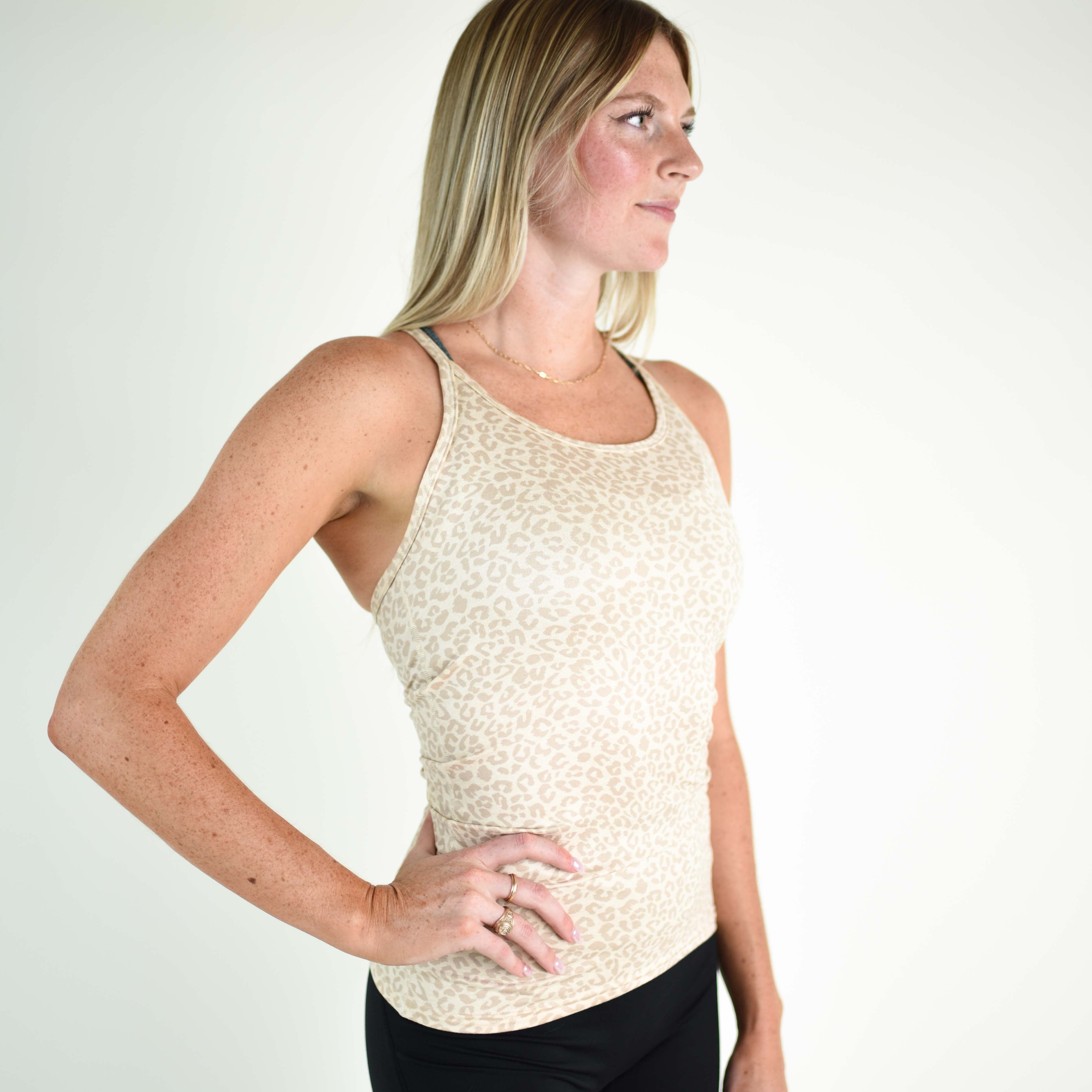 Heather Sand Leopard Full Length Workout Tank - Switch Up