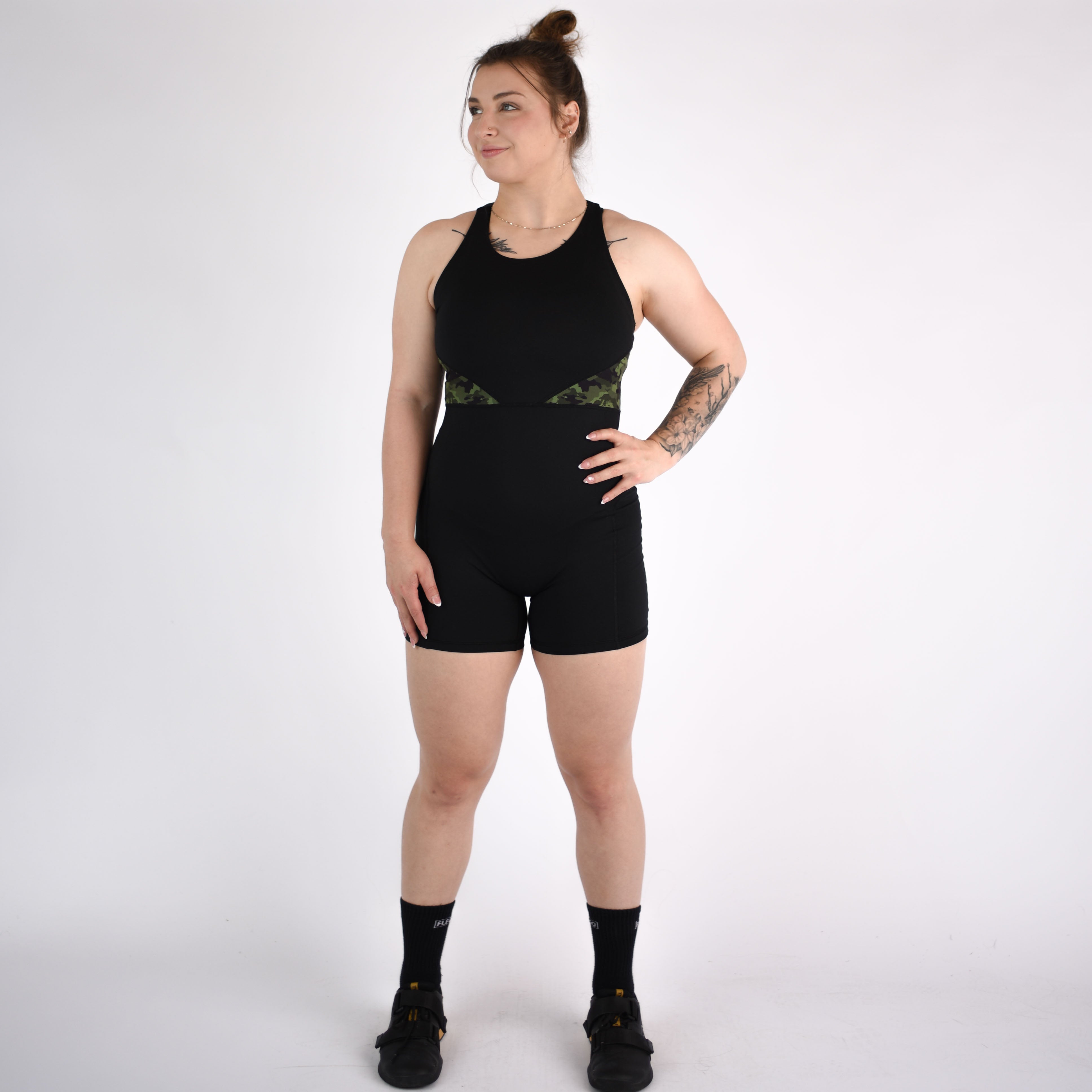 Women's Singlet in Black and Camo for Powerlifting and Olympic Lifting