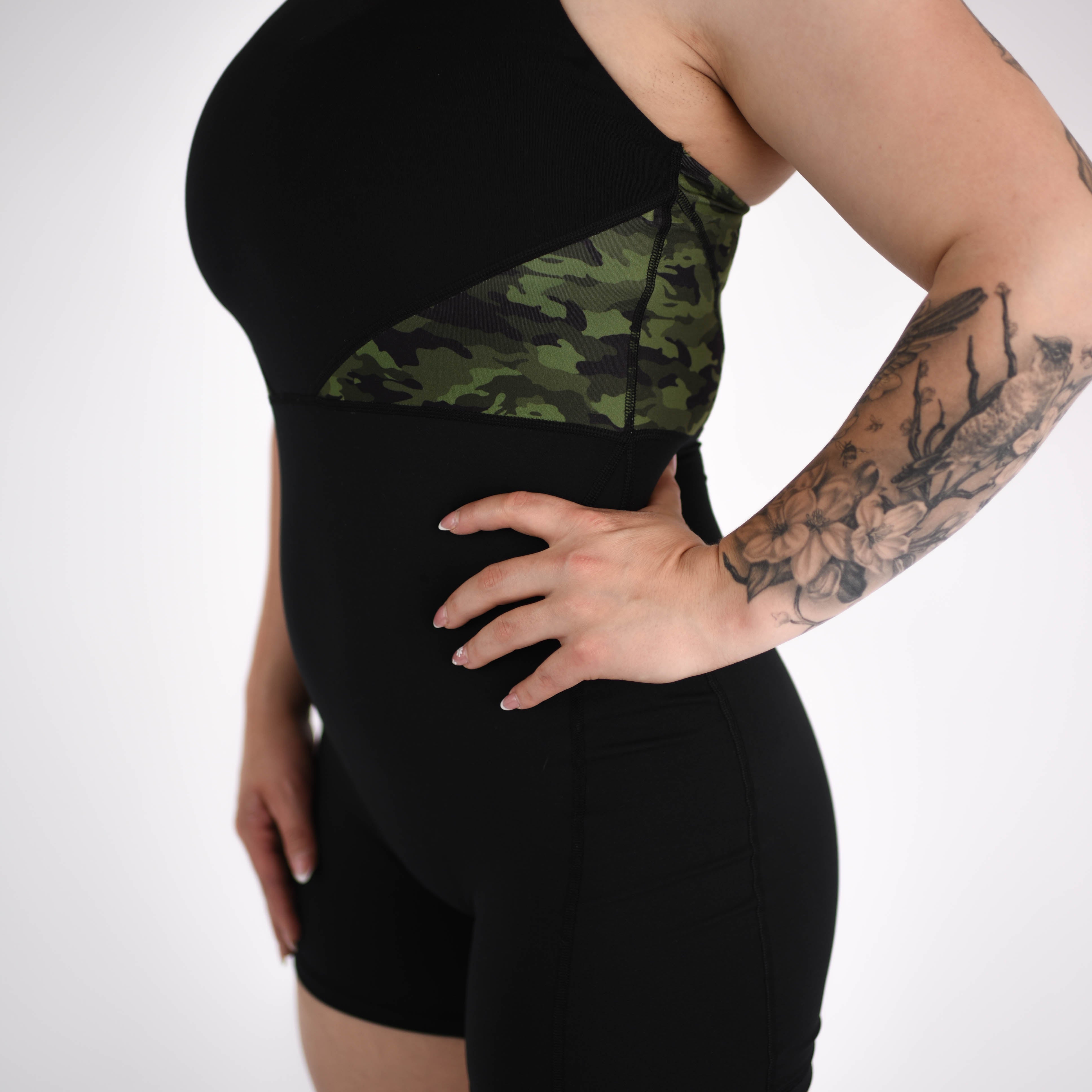 Women's Singlet in Black and Camo for Powerlifting and Olympic Lifting