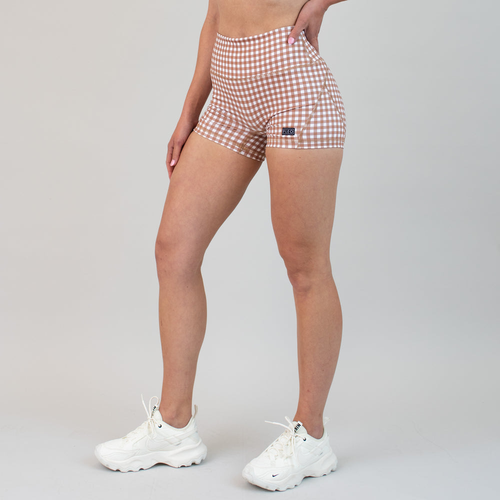 Neutral Gingham Mid Rise Contour Training Shorts For Women