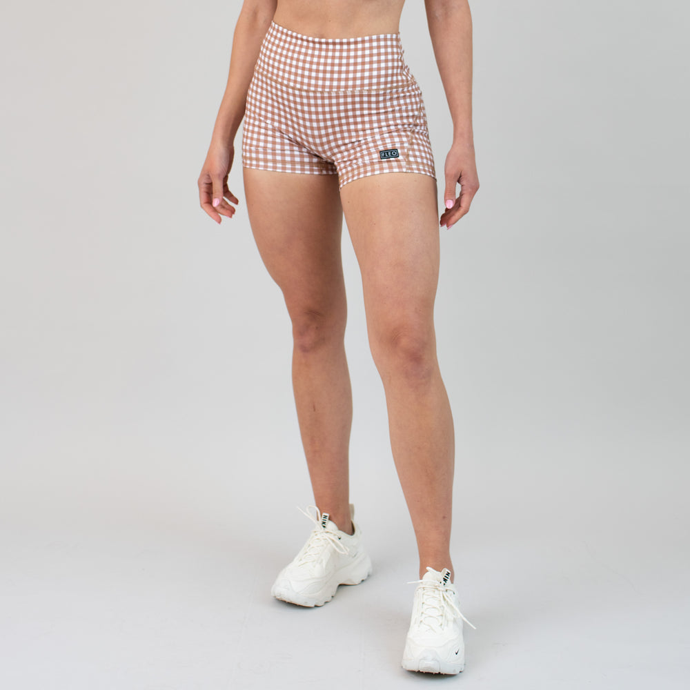 Neutral Gingham Mid Rise Contour Training Shorts For Women