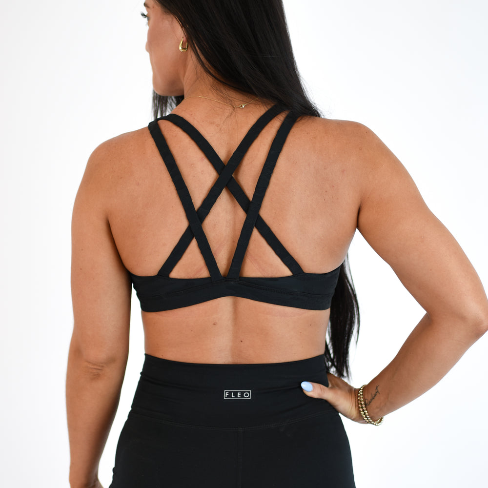 Black Pointelle Scoop Neck Sports Bra - Isla