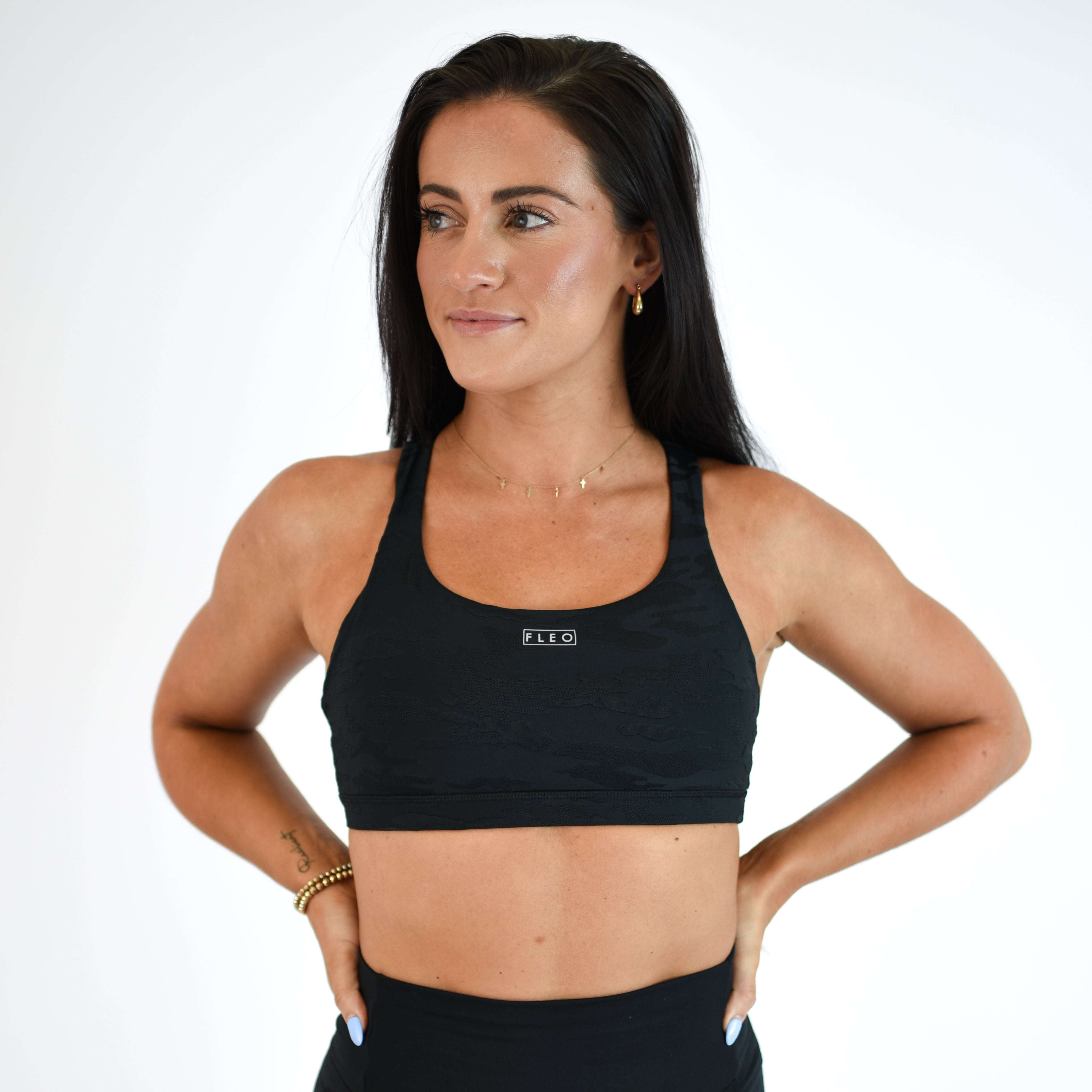 Black Pointelle Scoop Neck Sports Bra - Isla