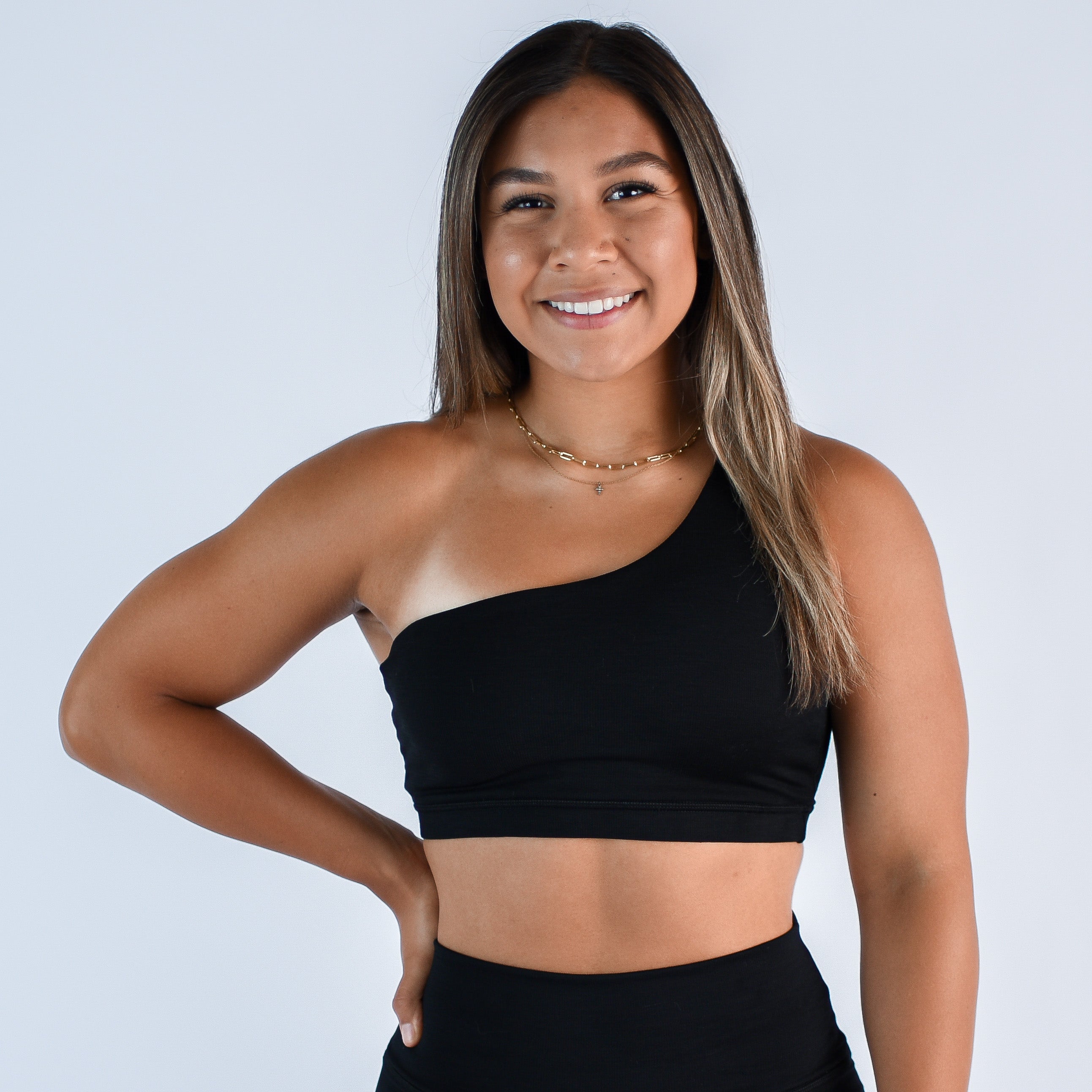 Black Ribbed One Shoulder Sports Bra - Sylvie