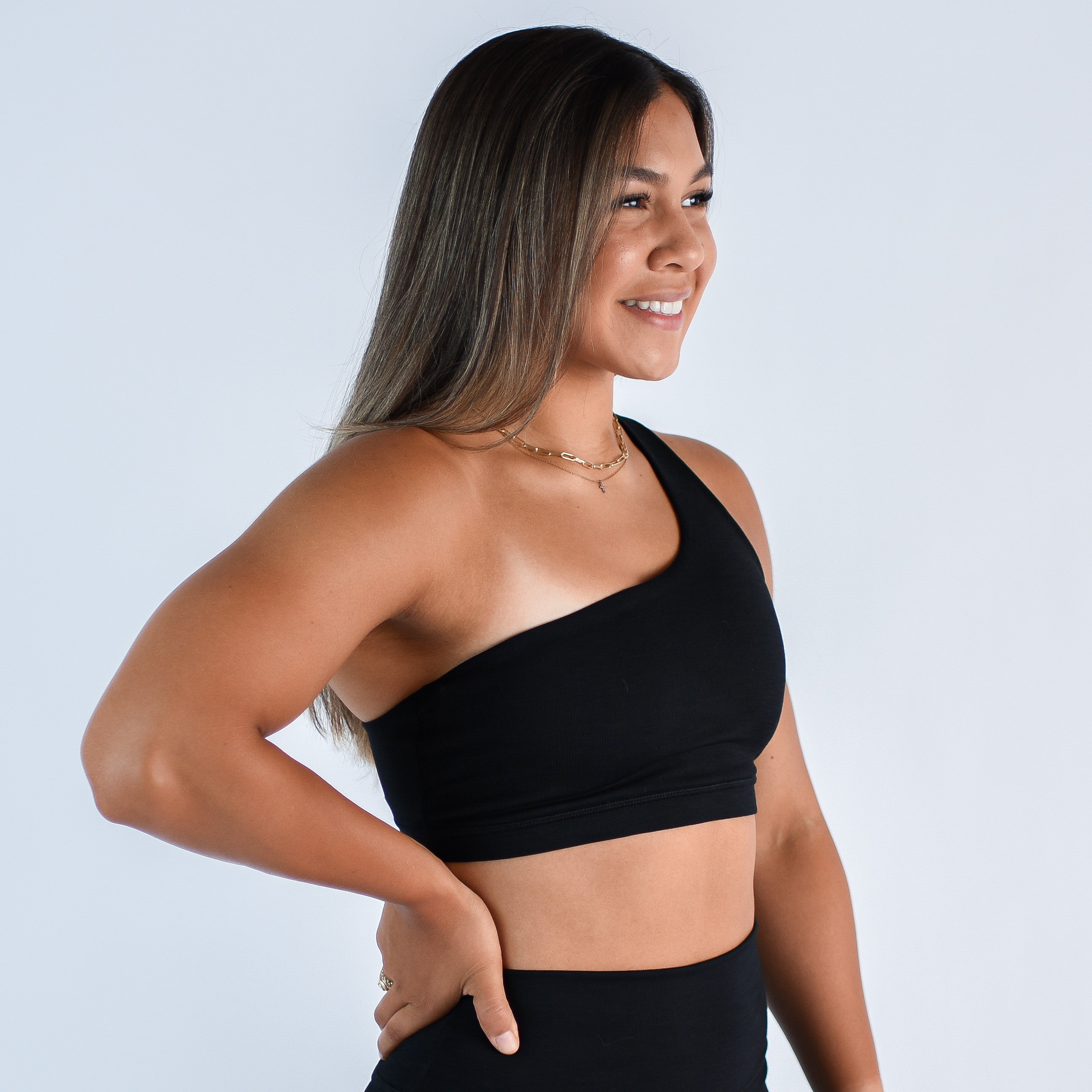 Black Ribbed One Shoulder Sports Bra - Sylvie