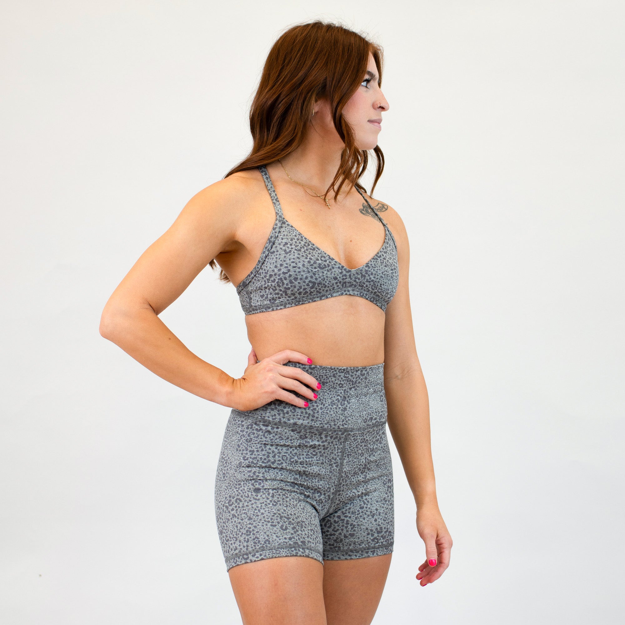 Granite Gray Micro Leopard Athletic Sports Bra - Reinette Micro by FLEO