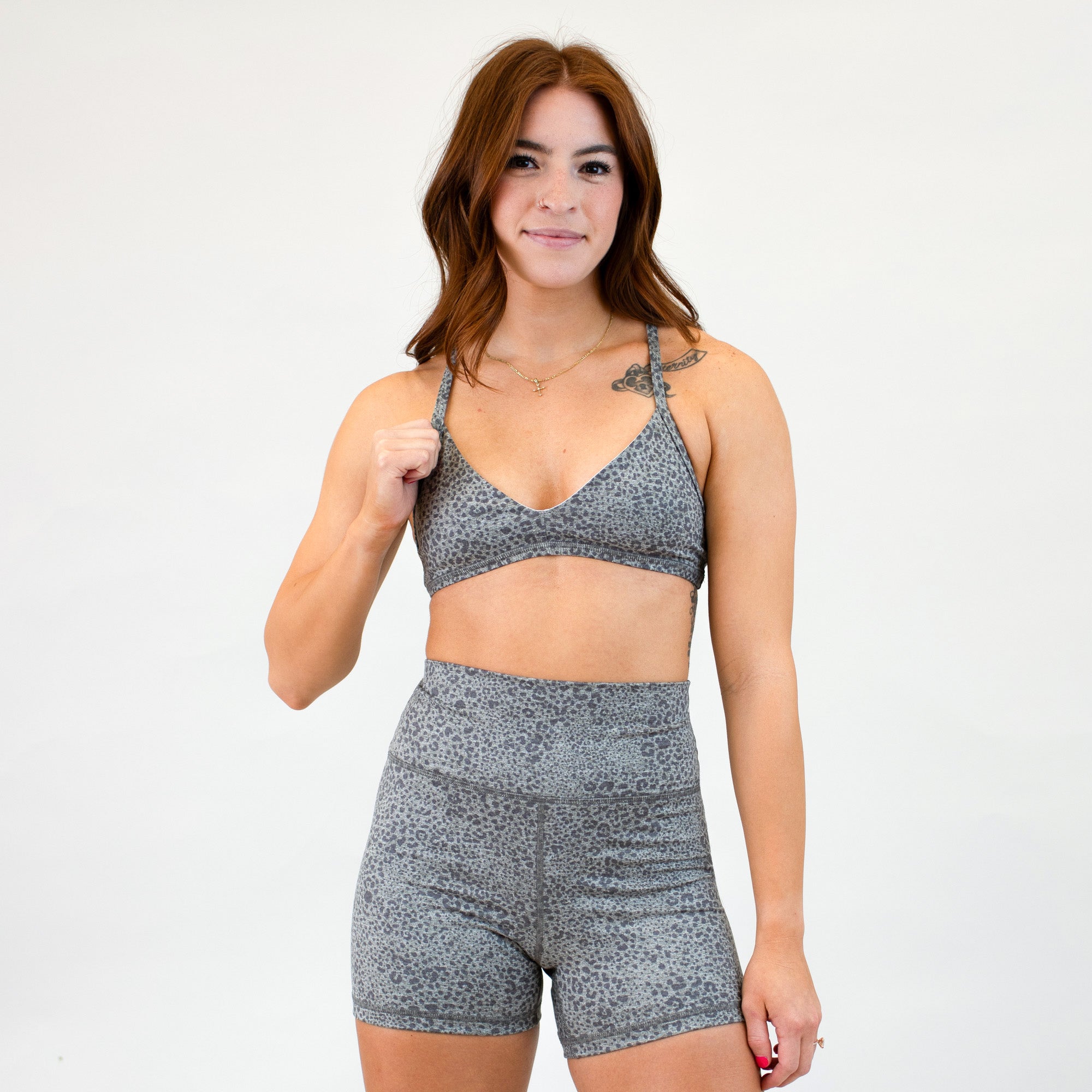 Granite Gray Micro Leopard Athletic Sports Bra - Reinette Micro by FLEO