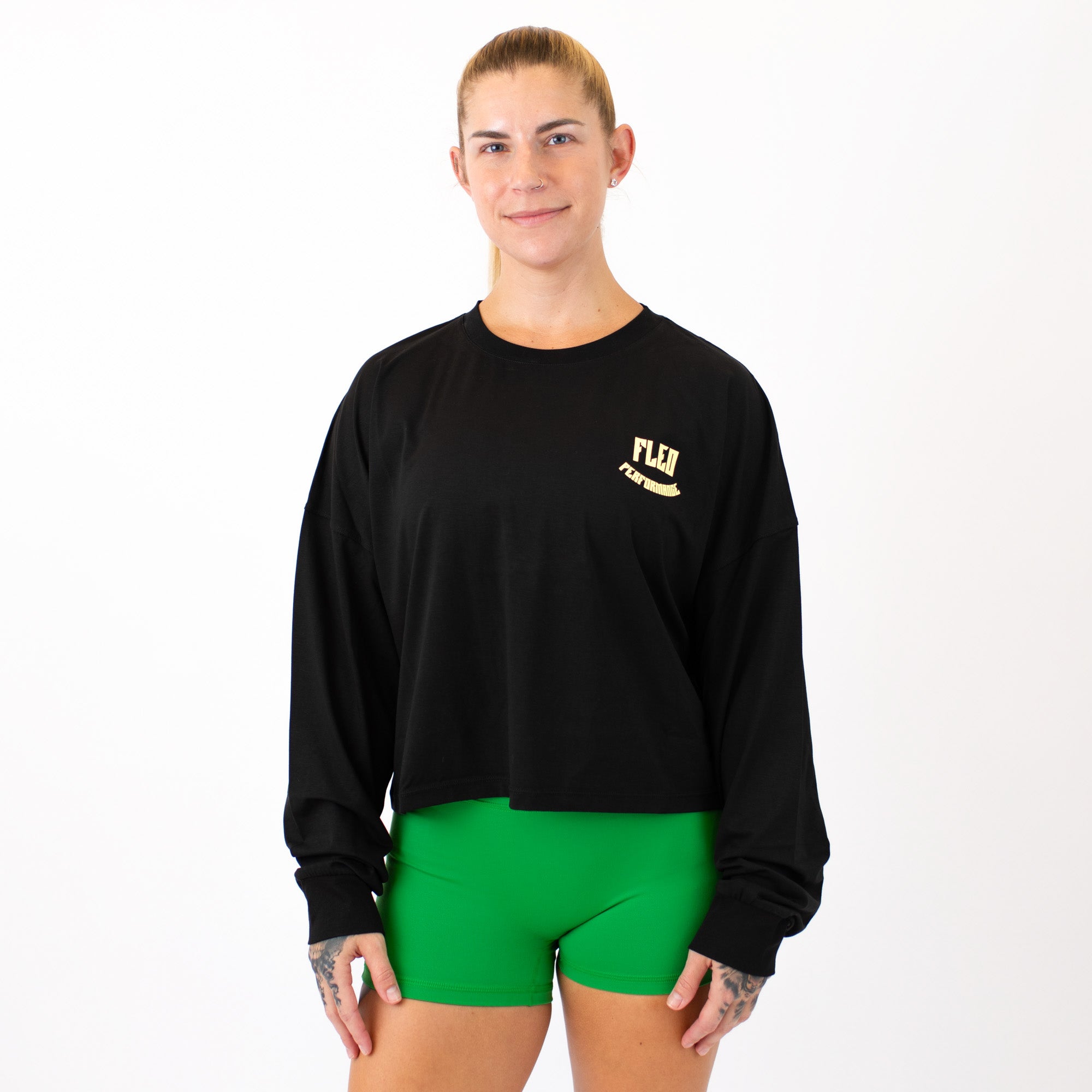 Affinity Oversized Long Sleeve Crop T - Black FLEO Performance
