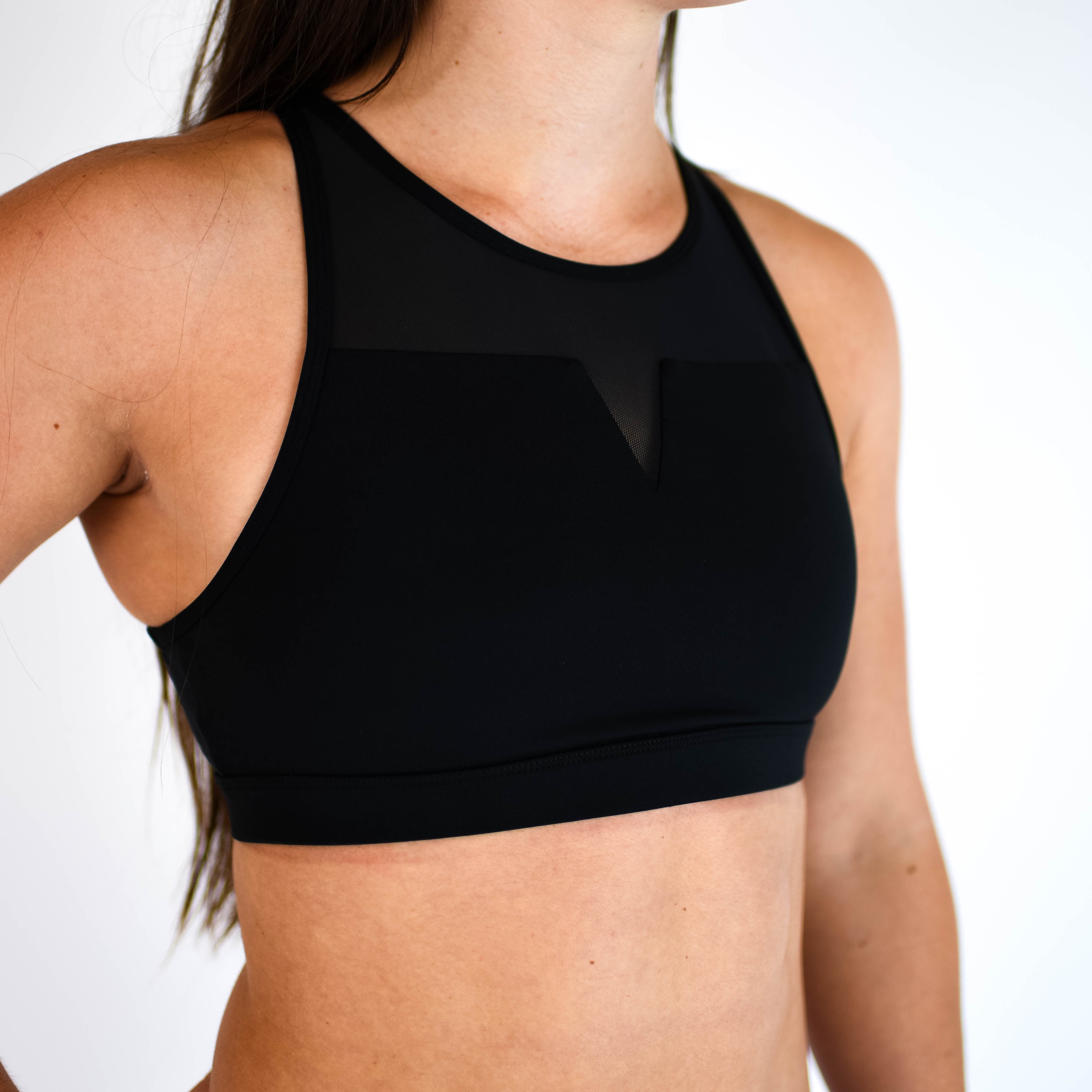 Black High Neck Mesh Sports Bra - Maeve