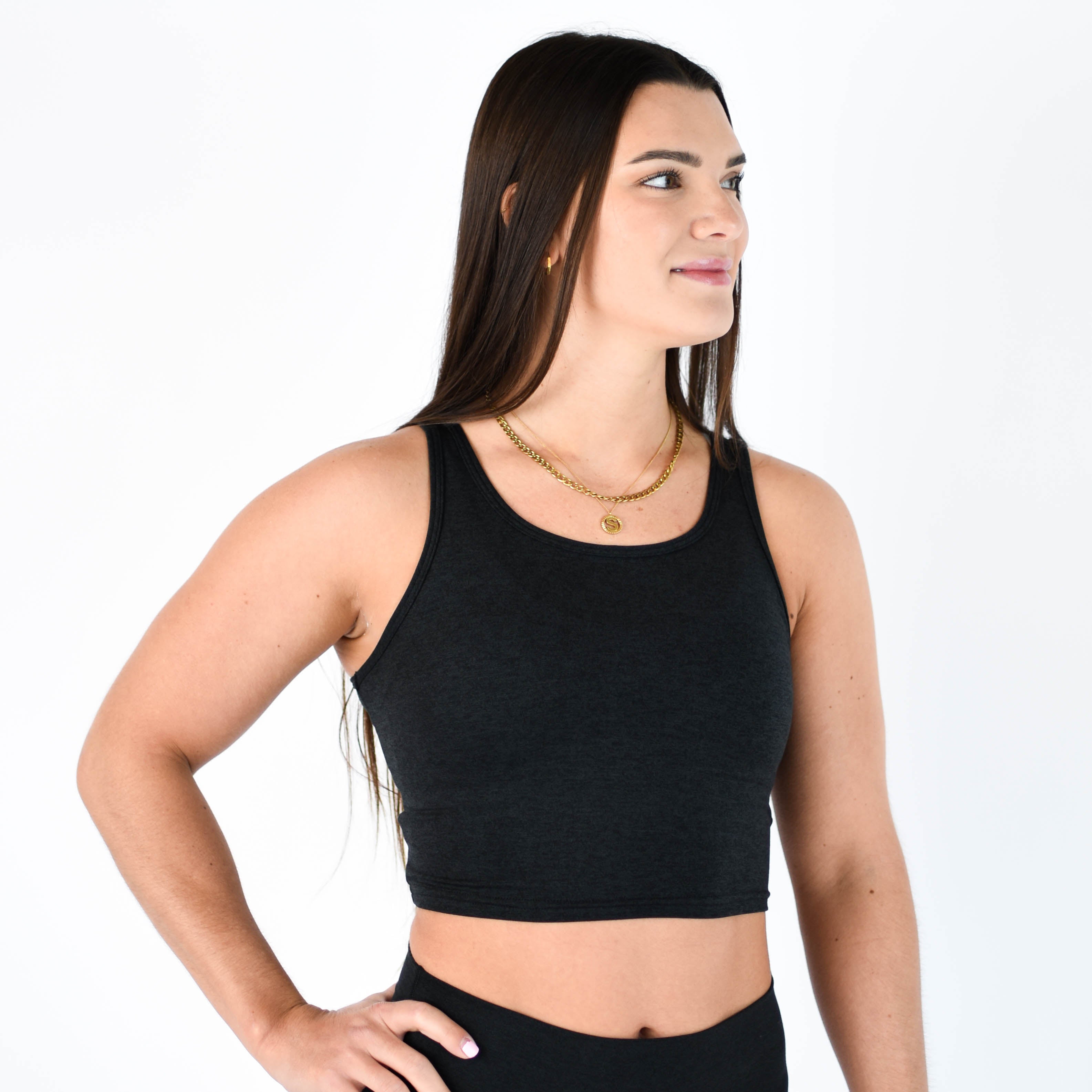 Low Back Crop Tank - Heather Black Breeze